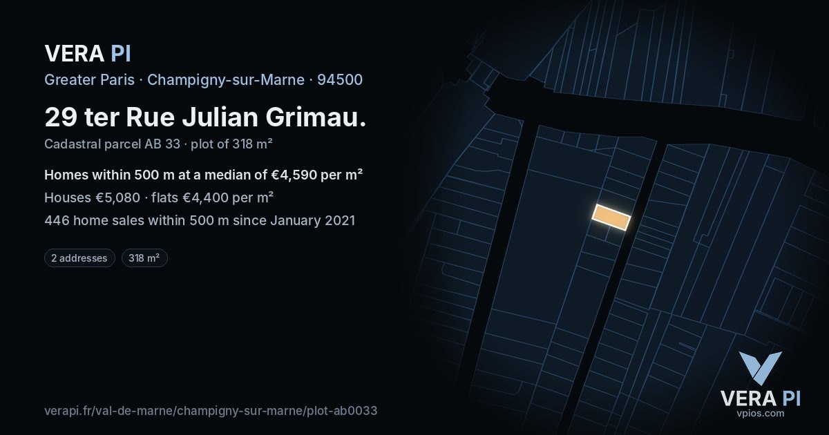 29 ter Rue Julian Grimau, Champigny-sur-Marne at night – the plot lit, the parcels around coloured by the prices near them