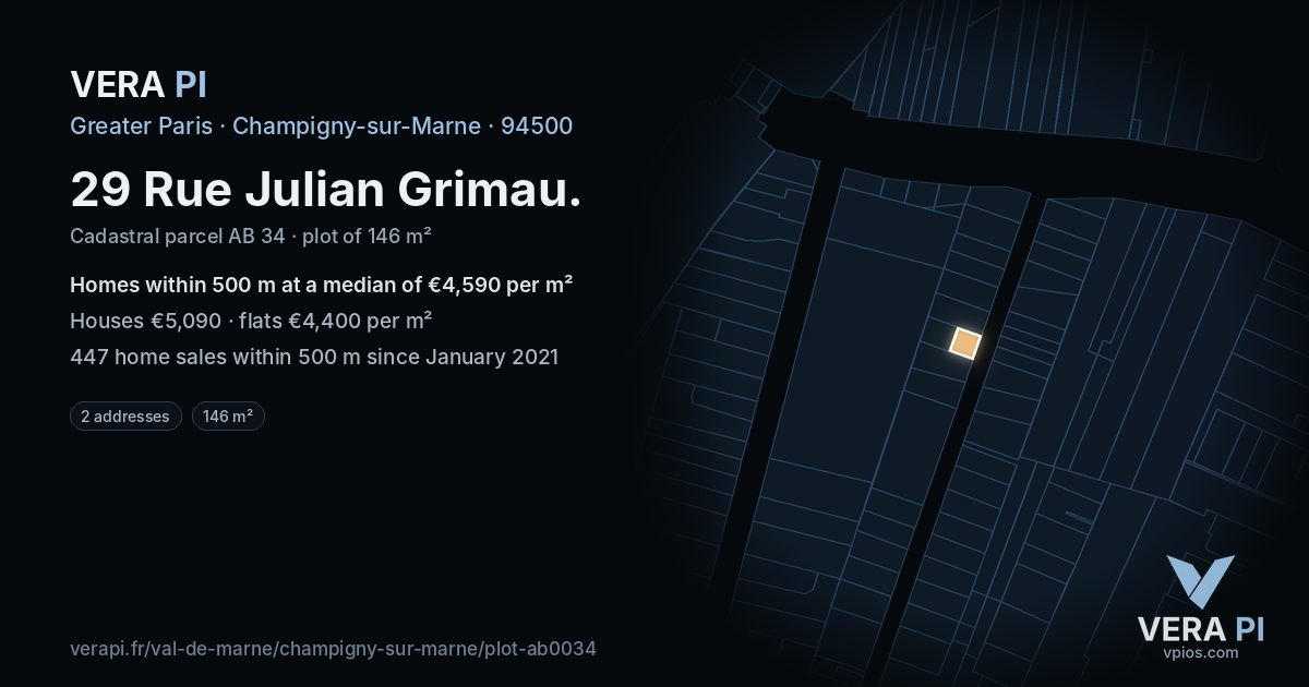 29 Rue Julian Grimau, Champigny-sur-Marne at night – the plot lit, the parcels around coloured by the prices near them