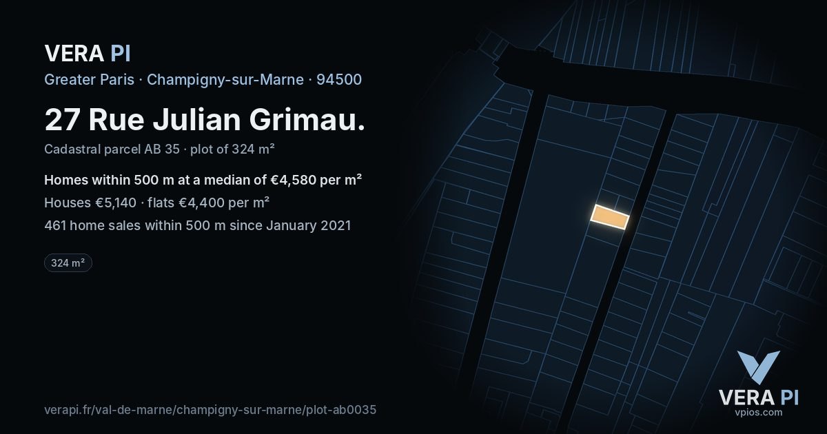 27 Rue Julian Grimau, Champigny-sur-Marne at night – the plot lit, the parcels around coloured by the prices near them