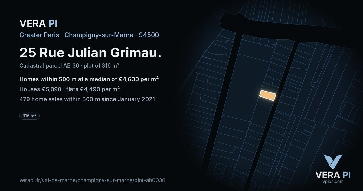25 Rue Julian Grimau, Champigny-sur-Marne at night – the plot lit, the parcels around coloured by the prices near them