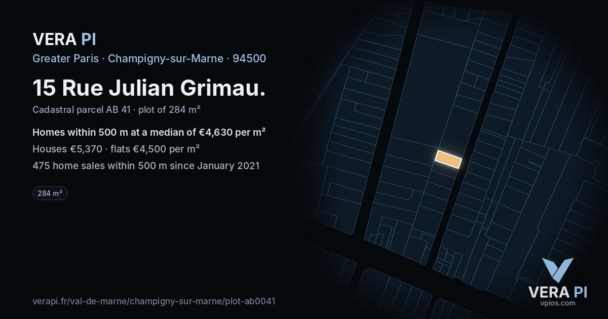 15 Rue Julian Grimau, Champigny-sur-Marne at night – the plot lit, the parcels around coloured by the prices near them