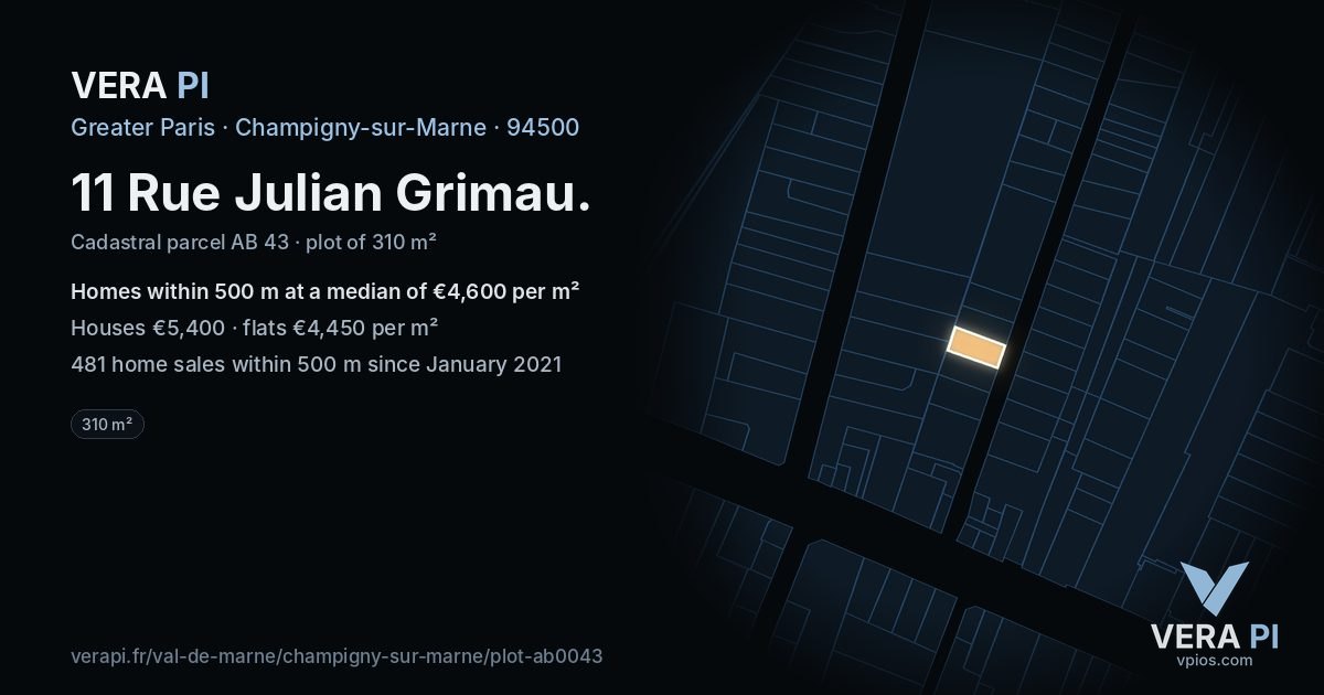 11 Rue Julian Grimau, Champigny-sur-Marne at night – the plot lit, the parcels around coloured by the prices near them