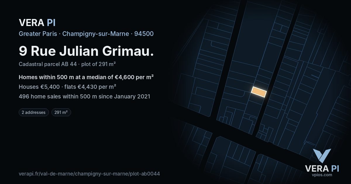 9 Rue Julian Grimau, Champigny-sur-Marne at night – the plot lit, the parcels around coloured by the prices near them