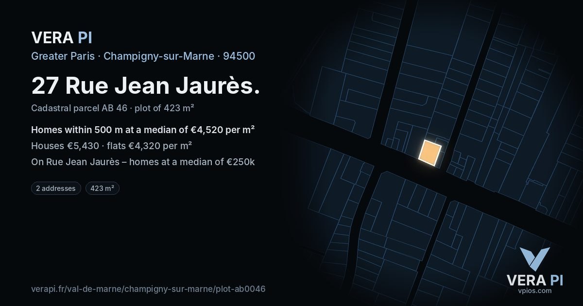 27 Rue Jean Jaurès, Champigny-sur-Marne at night – the plot lit, the parcels around coloured by the prices near them