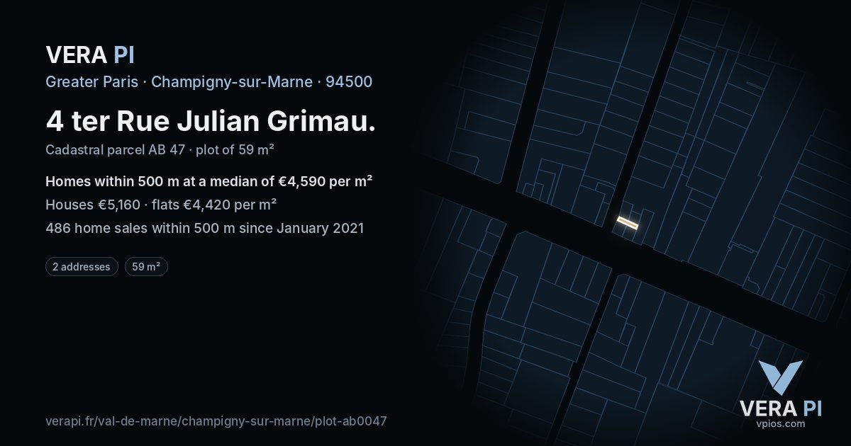 4 ter Rue Julian Grimau, Champigny-sur-Marne at night – the plot lit, the parcels around coloured by the prices near them