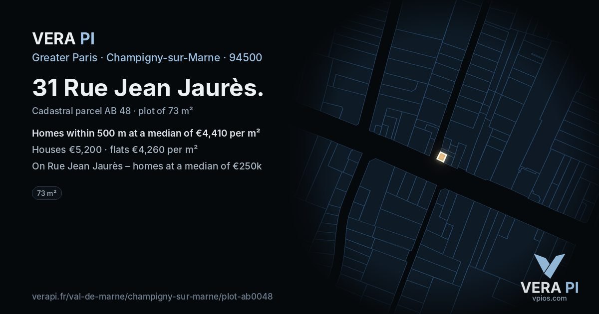 31 Rue Jean Jaurès, Champigny-sur-Marne at night – the plot lit, the parcels around coloured by the prices near them