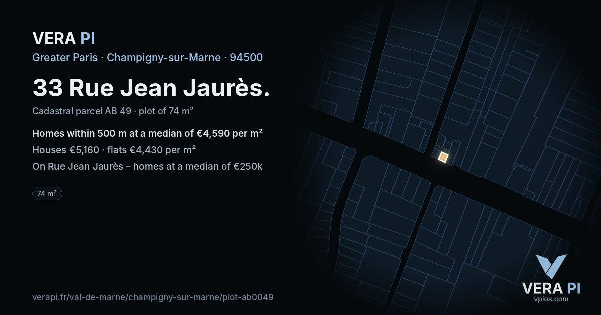 33 Rue Jean Jaurès, Champigny-sur-Marne at night – the plot lit, the parcels around coloured by the prices near them