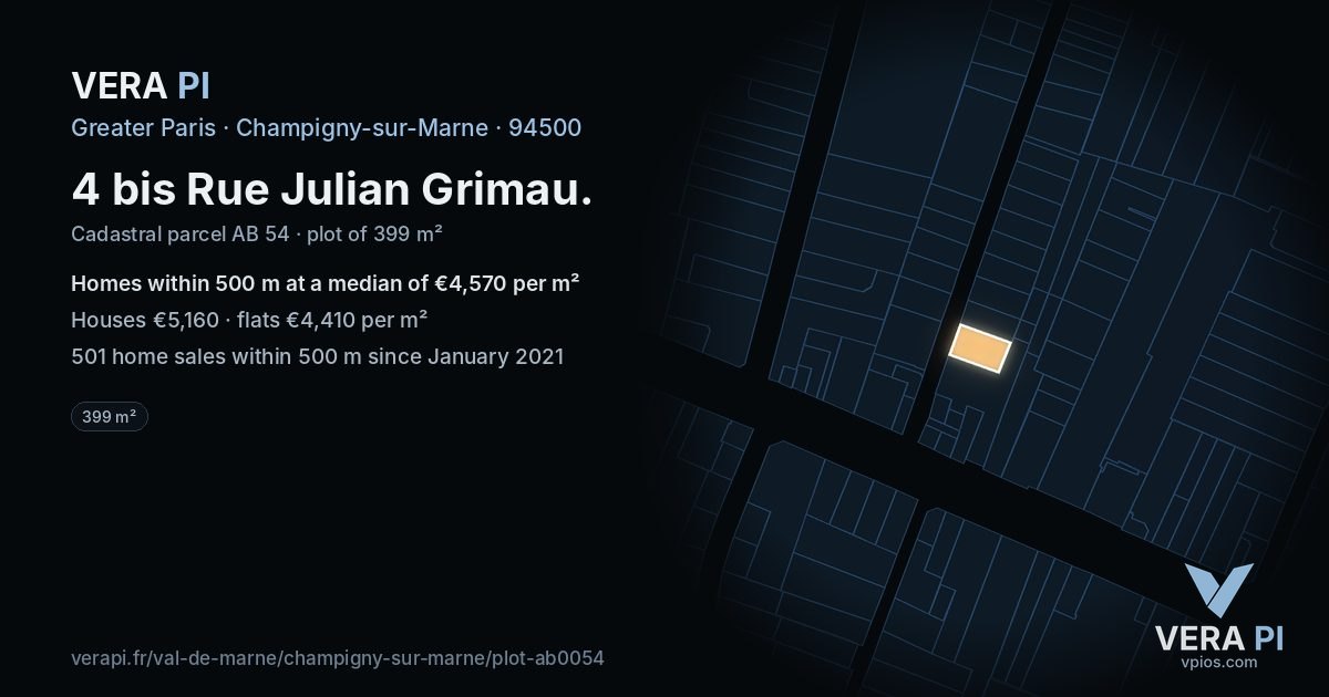 4 bis Rue Julian Grimau, Champigny-sur-Marne at night – the plot lit, the parcels around coloured by the prices near them