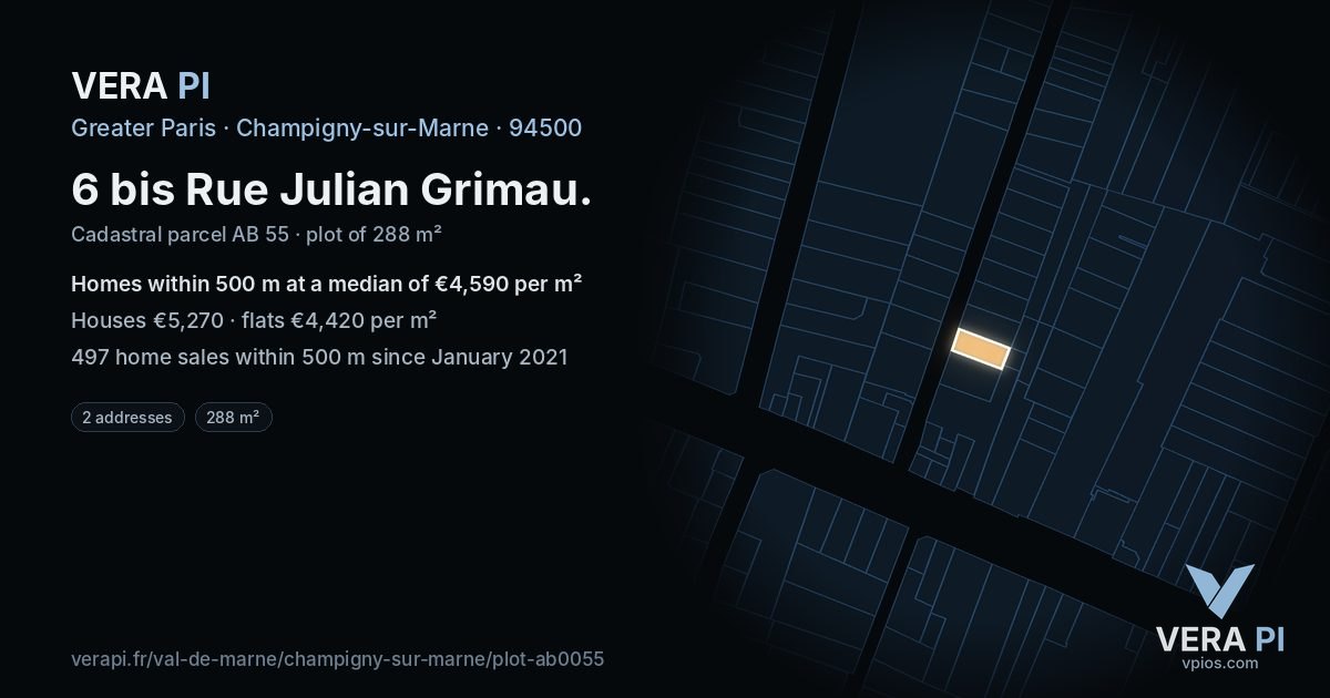 6 bis Rue Julian Grimau, Champigny-sur-Marne at night – the plot lit, the parcels around coloured by the prices near them