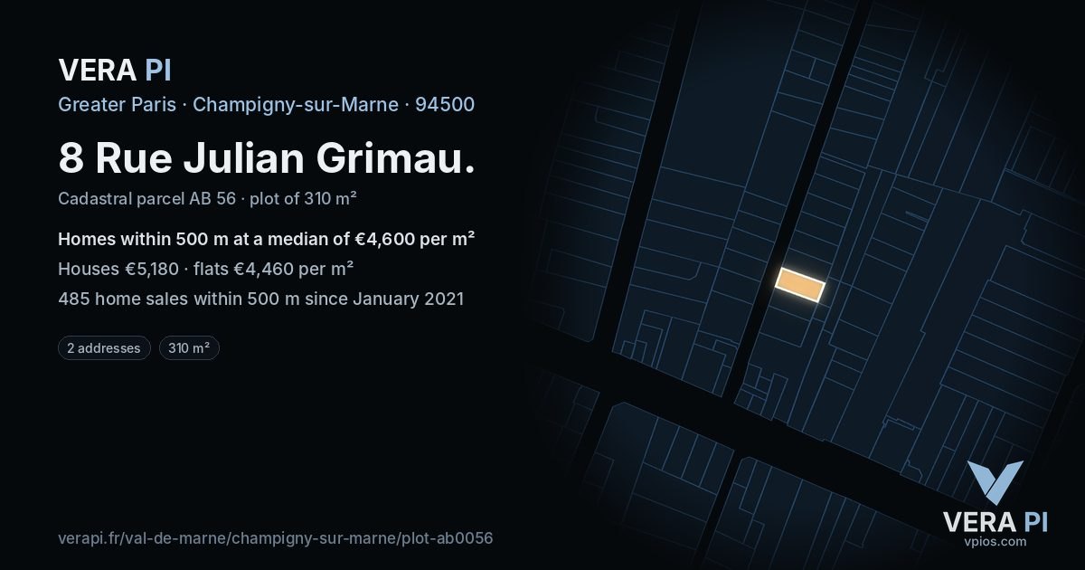 8 Rue Julian Grimau, Champigny-sur-Marne at night – the plot lit, the parcels around coloured by the prices near them