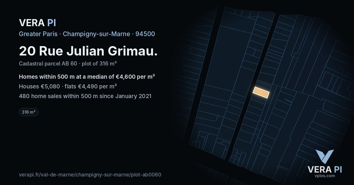 20 Rue Julian Grimau, Champigny-sur-Marne at night – the plot lit, the parcels around coloured by the prices near them