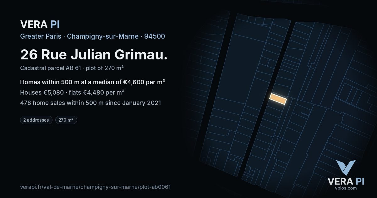 26 Rue Julian Grimau, Champigny-sur-Marne at night – the plot lit, the parcels around coloured by the prices near them