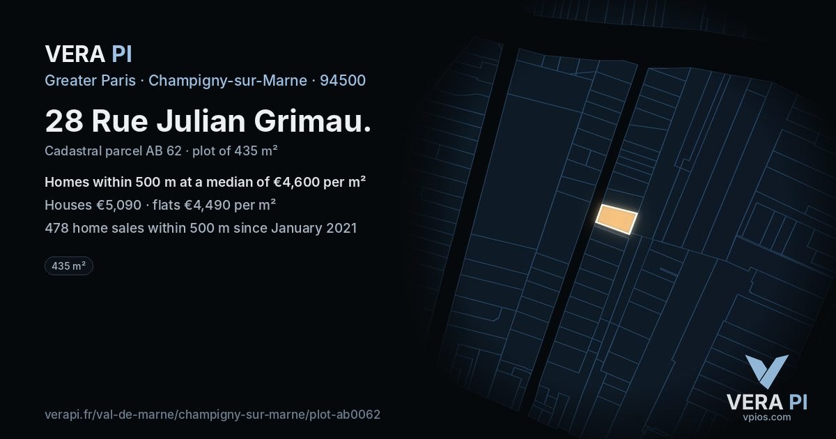 28 Rue Julian Grimau, Champigny-sur-Marne at night – the plot lit, the parcels around coloured by the prices near them