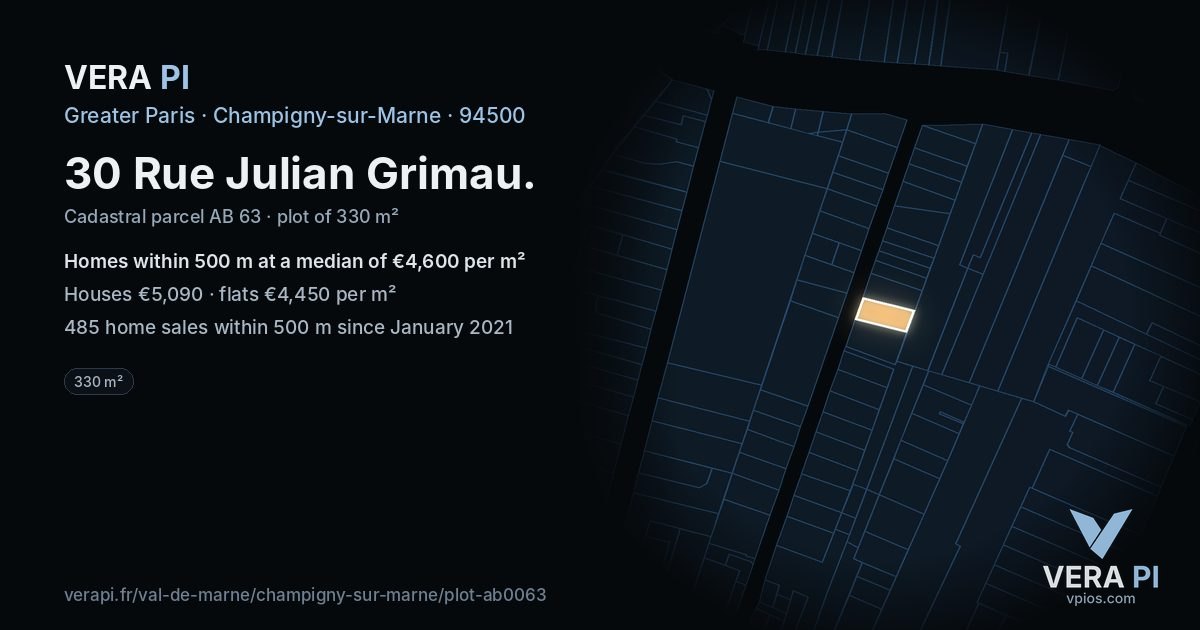 30 Rue Julian Grimau, Champigny-sur-Marne at night – the plot lit, the parcels around coloured by the prices near them