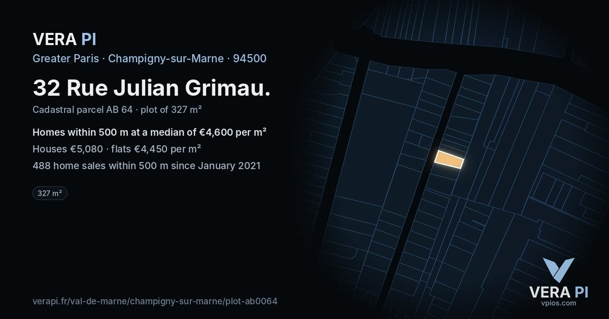 32 Rue Julian Grimau, Champigny-sur-Marne at night – the plot lit, the parcels around coloured by the prices near them