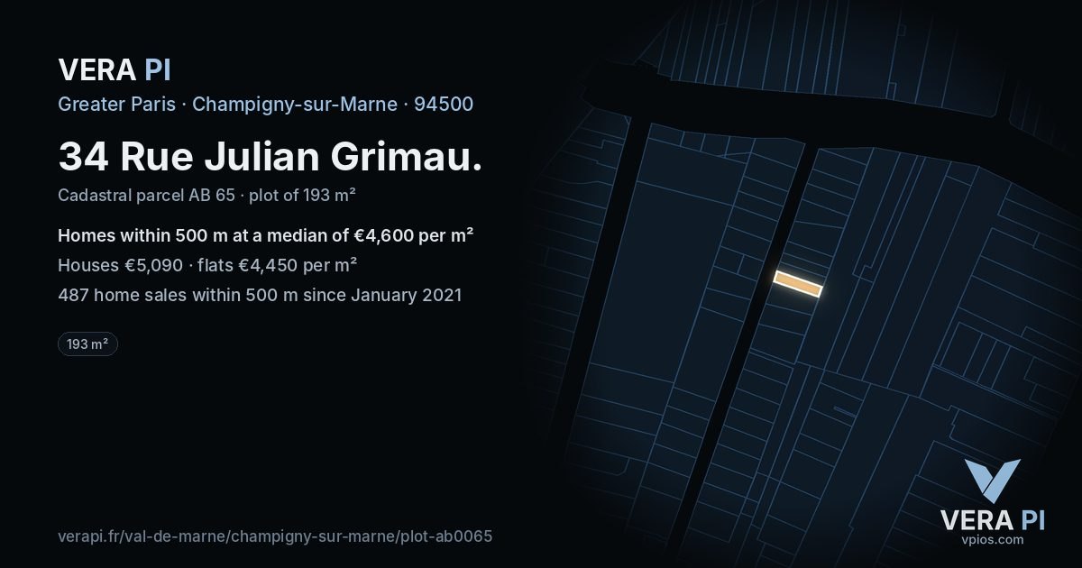 34 Rue Julian Grimau, Champigny-sur-Marne at night – the plot lit, the parcels around coloured by the prices near them