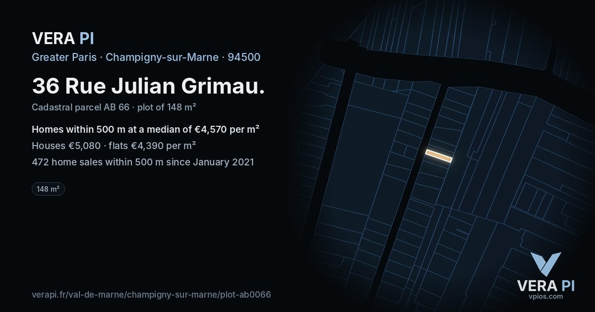 36 Rue Julian Grimau, Champigny-sur-Marne at night – the plot lit, the parcels around coloured by the prices near them