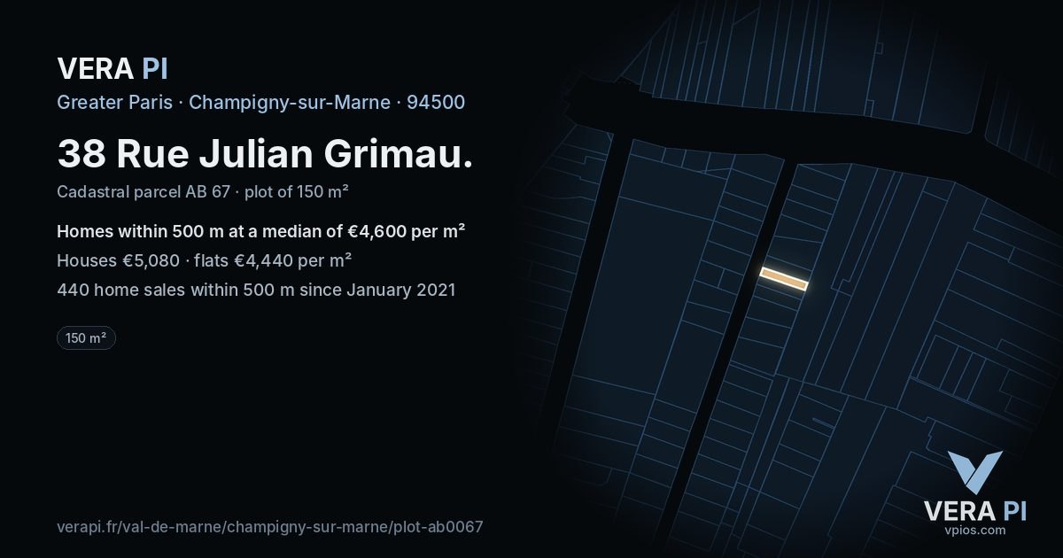 38 Rue Julian Grimau, Champigny-sur-Marne at night – the plot lit, the parcels around coloured by the prices near them