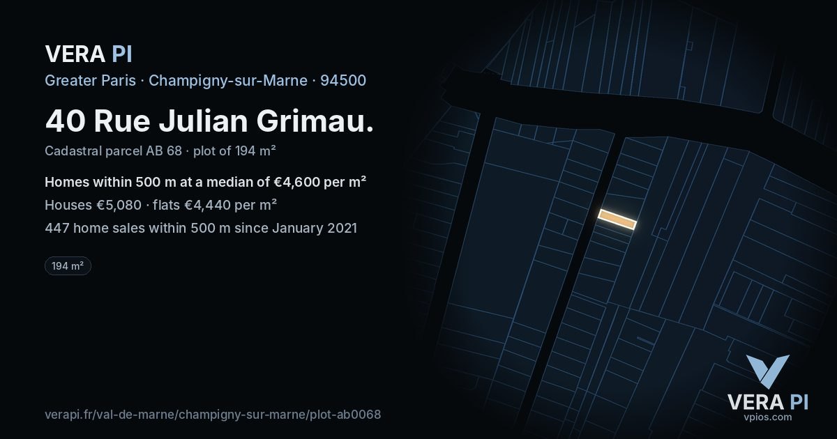 40 Rue Julian Grimau, Champigny-sur-Marne at night – the plot lit, the parcels around coloured by the prices near them