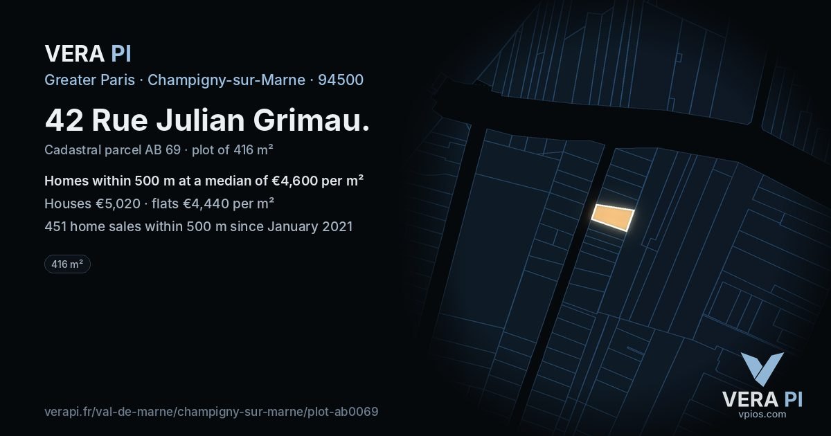 42 Rue Julian Grimau, Champigny-sur-Marne at night – the plot lit, the parcels around coloured by the prices near them