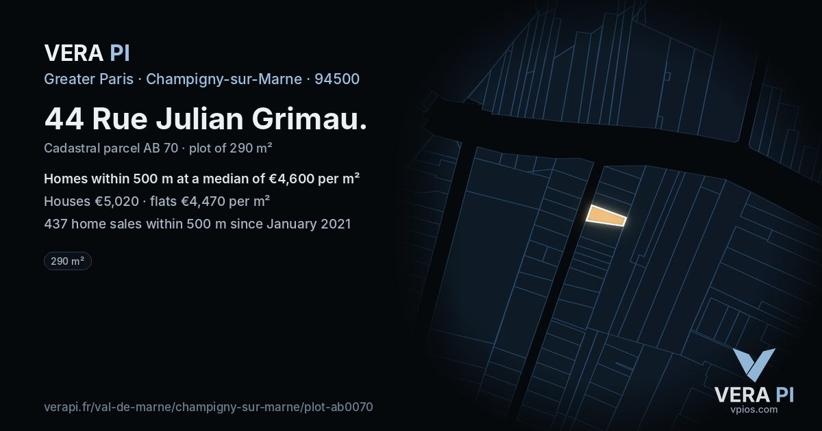 44 Rue Julian Grimau, Champigny-sur-Marne at night – the plot lit, the parcels around coloured by the prices near them