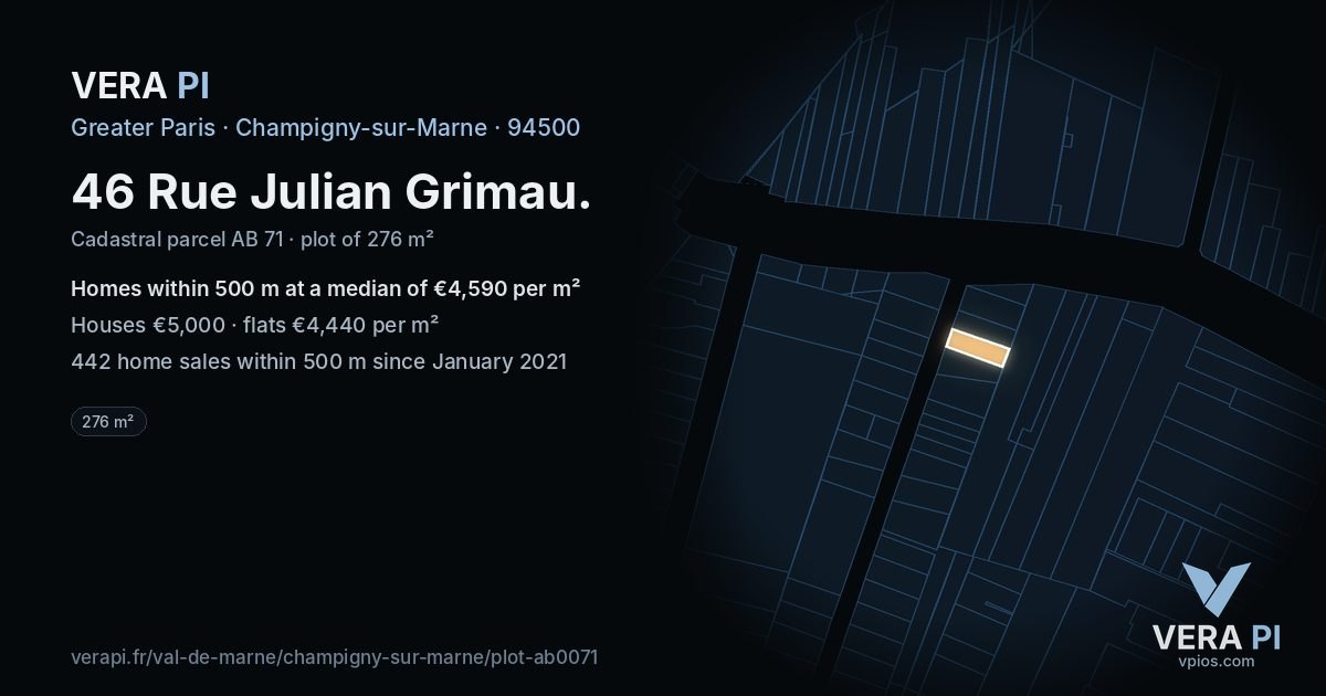 46 Rue Julian Grimau, Champigny-sur-Marne at night – the plot lit, the parcels around coloured by the prices near them