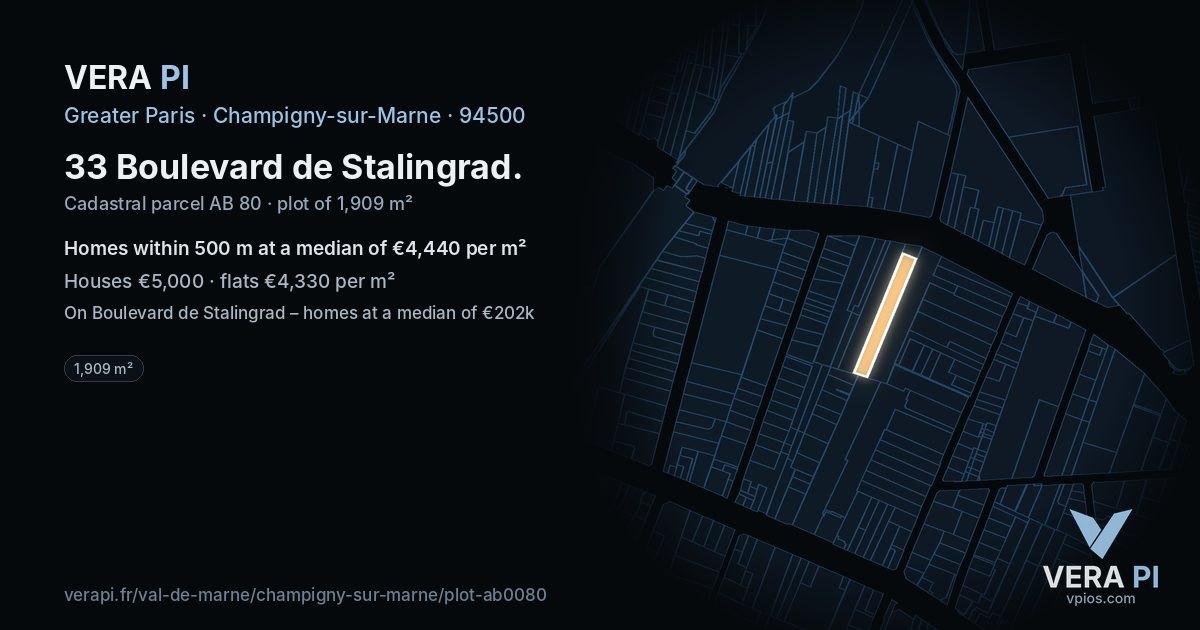 33 Boulevard de Stalingrad, Champigny-sur-Marne at night – the plot lit, the parcels around coloured by the prices near them