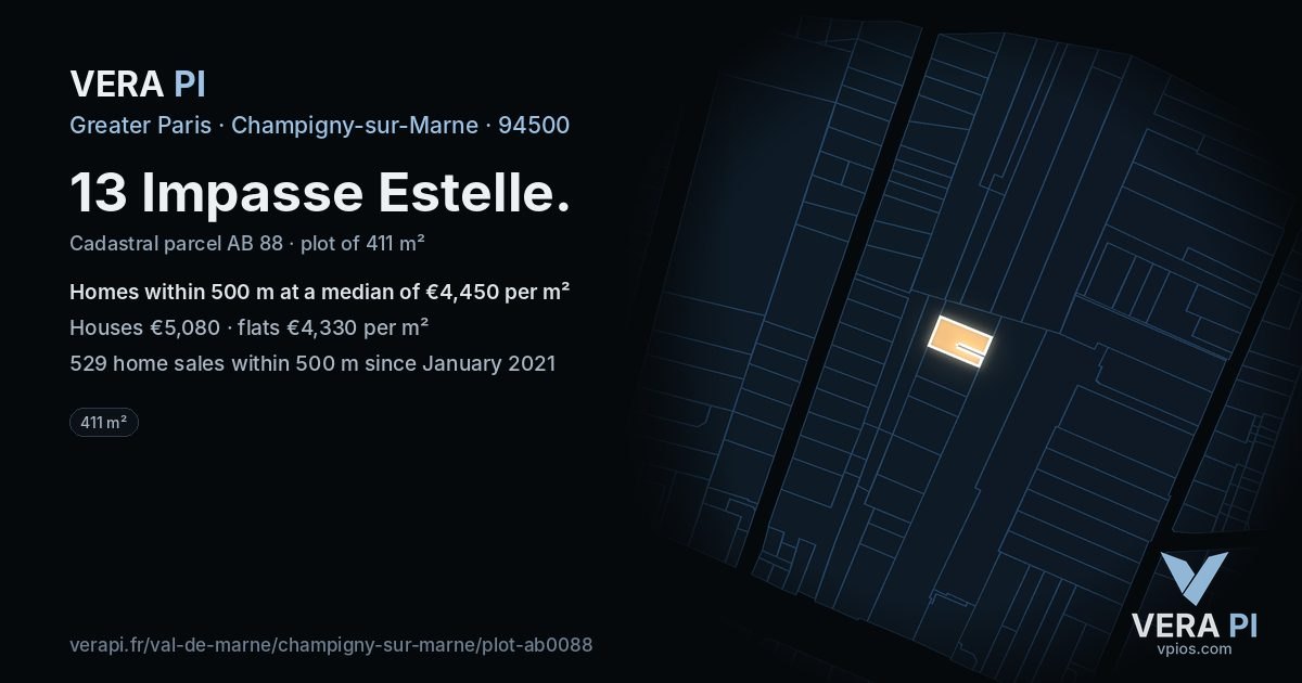 13 Impasse Estelle, Champigny-sur-Marne at night – the plot lit, the parcels around coloured by the prices near them