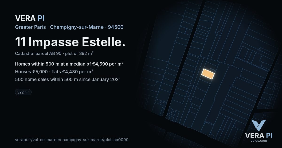 11 Impasse Estelle, Champigny-sur-Marne at night – the plot lit, the parcels around coloured by the prices near them