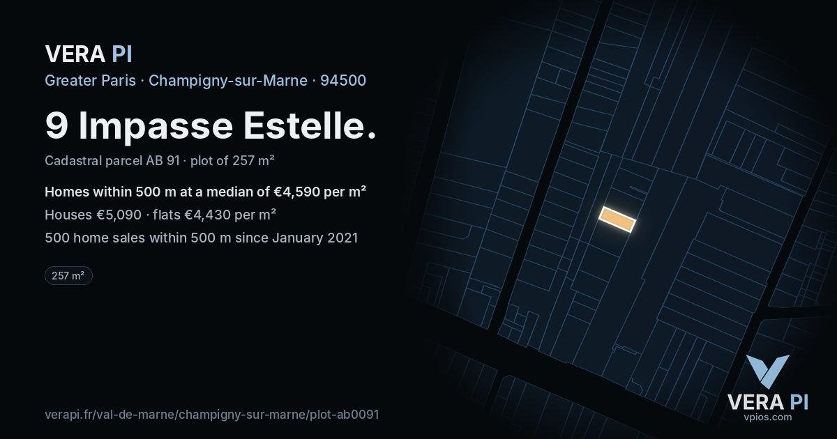 9 Impasse Estelle, Champigny-sur-Marne at night – the plot lit, the parcels around coloured by the prices near them