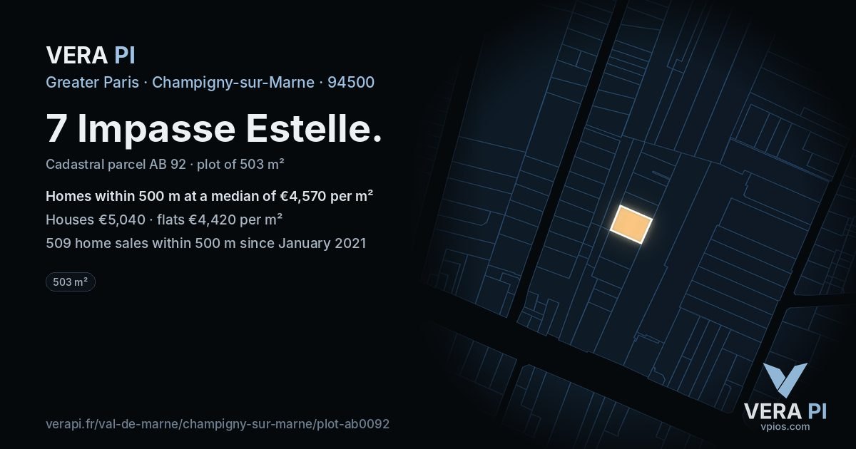 7 Impasse Estelle, Champigny-sur-Marne at night – the plot lit, the parcels around coloured by the prices near them