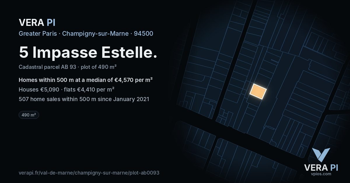 5 Impasse Estelle, Champigny-sur-Marne at night – the plot lit, the parcels around coloured by the prices near them