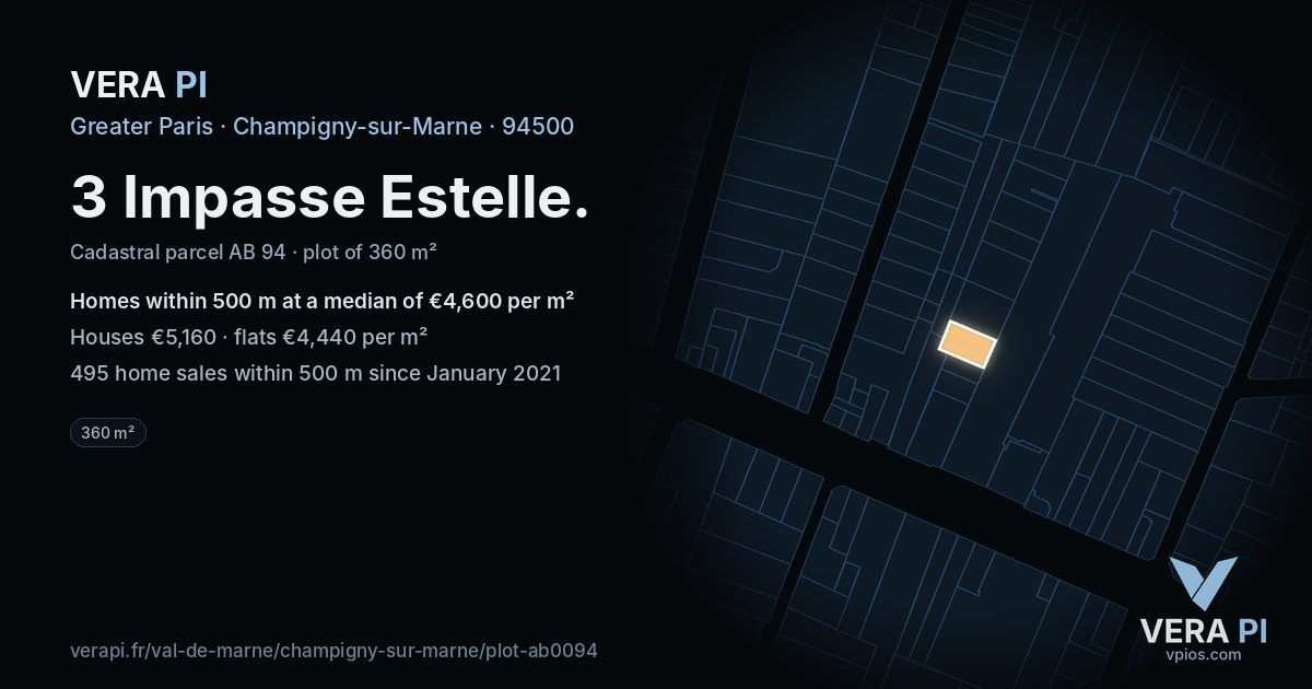 3 Impasse Estelle, Champigny-sur-Marne at night – the plot lit, the parcels around coloured by the prices near them