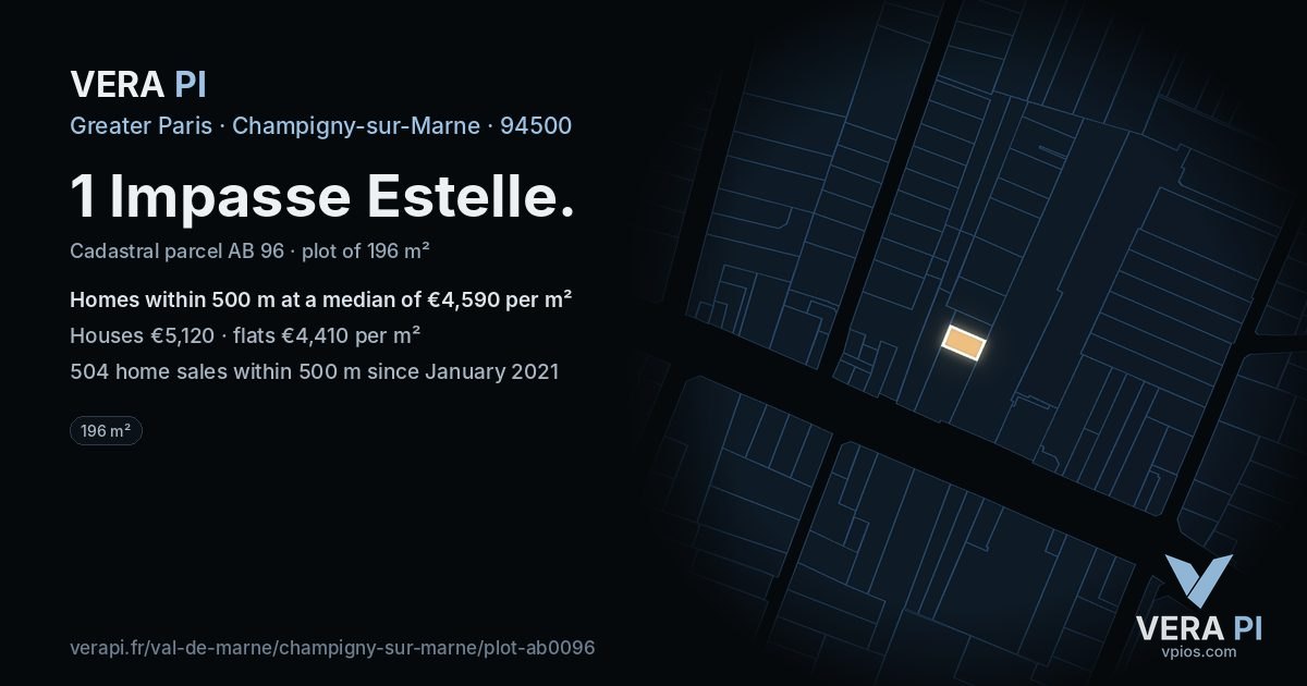 1 Impasse Estelle, Champigny-sur-Marne at night – the plot lit, the parcels around coloured by the prices near them