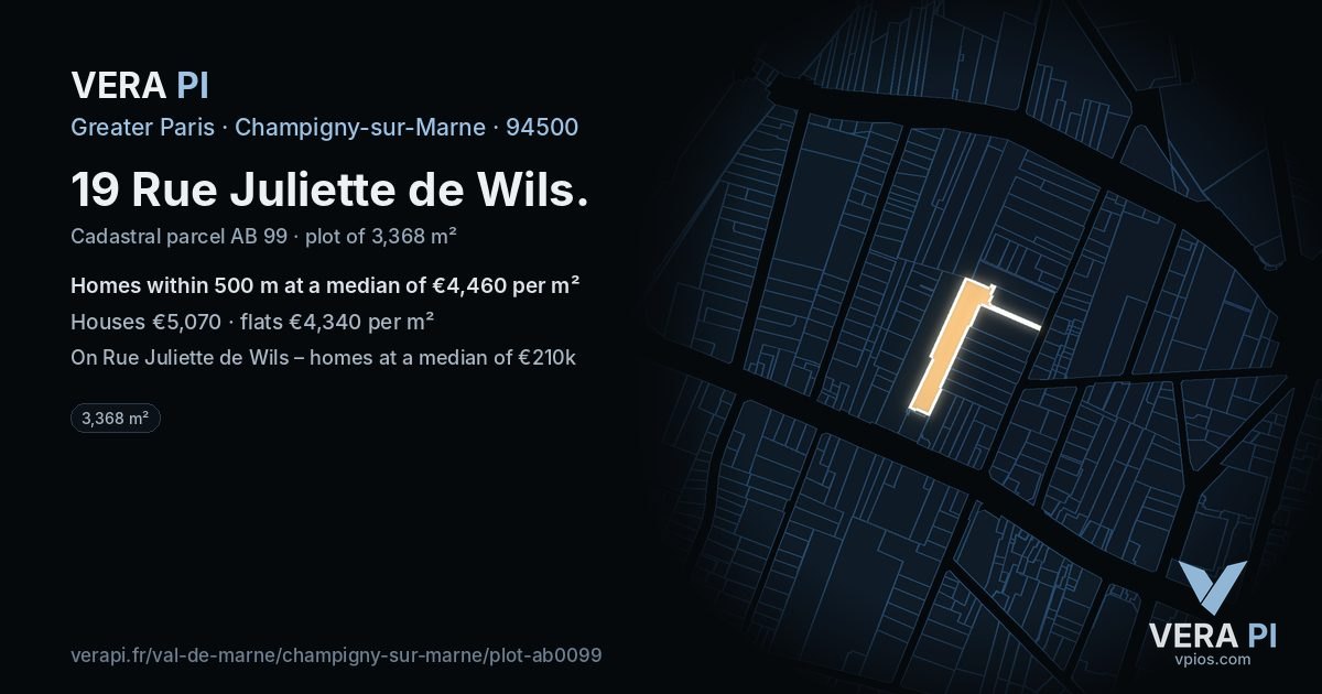 19 Rue Juliette de Wils, Champigny-sur-Marne at night – the plot lit, the parcels around coloured by the prices near them