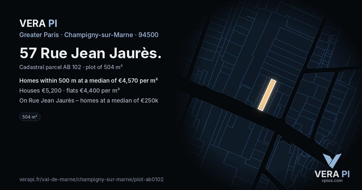 57 Rue Jean Jaurès, Champigny-sur-Marne at night – the plot lit, the parcels around coloured by the prices near them