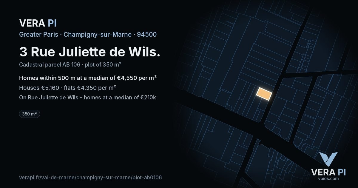 3 Rue Juliette de Wils, Champigny-sur-Marne at night – the plot lit, the parcels around coloured by the prices near them