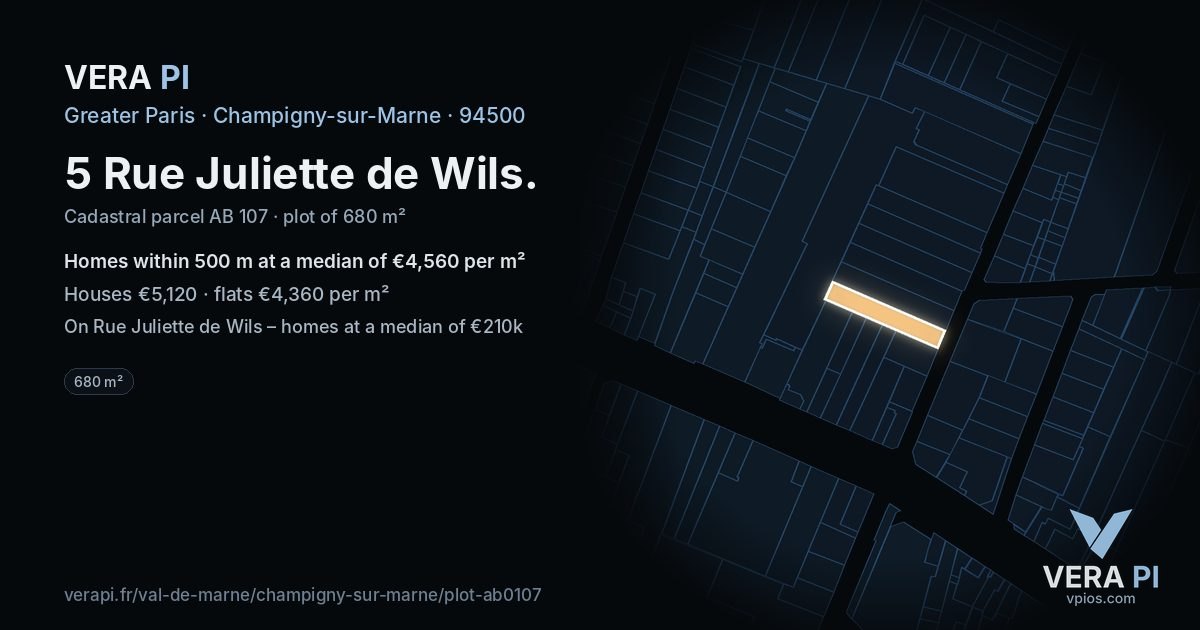 5 Rue Juliette de Wils, Champigny-sur-Marne at night – the plot lit, the parcels around coloured by the prices near them
