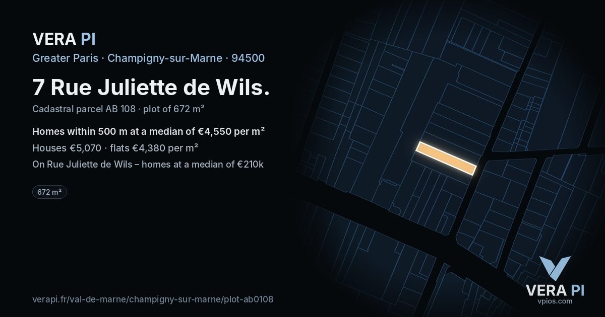 7 Rue Juliette de Wils, Champigny-sur-Marne at night – the plot lit, the parcels around coloured by the prices near them