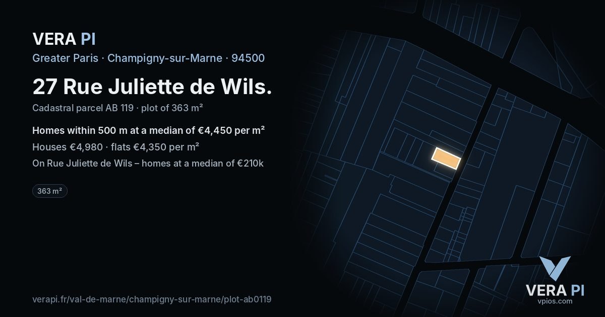 27 Rue Juliette de Wils, Champigny-sur-Marne at night – the plot lit, the parcels around coloured by the prices near them
