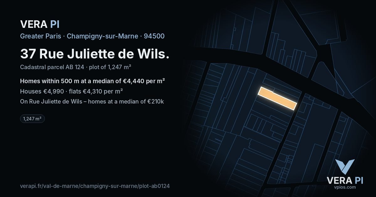 37 Rue Juliette de Wils, Champigny-sur-Marne at night – the plot lit, the parcels around coloured by the prices near them