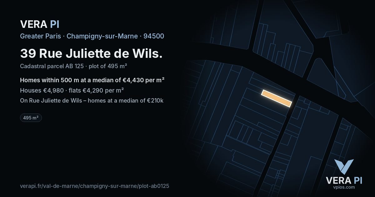 39 Rue Juliette de Wils, Champigny-sur-Marne at night – the plot lit, the parcels around coloured by the prices near them