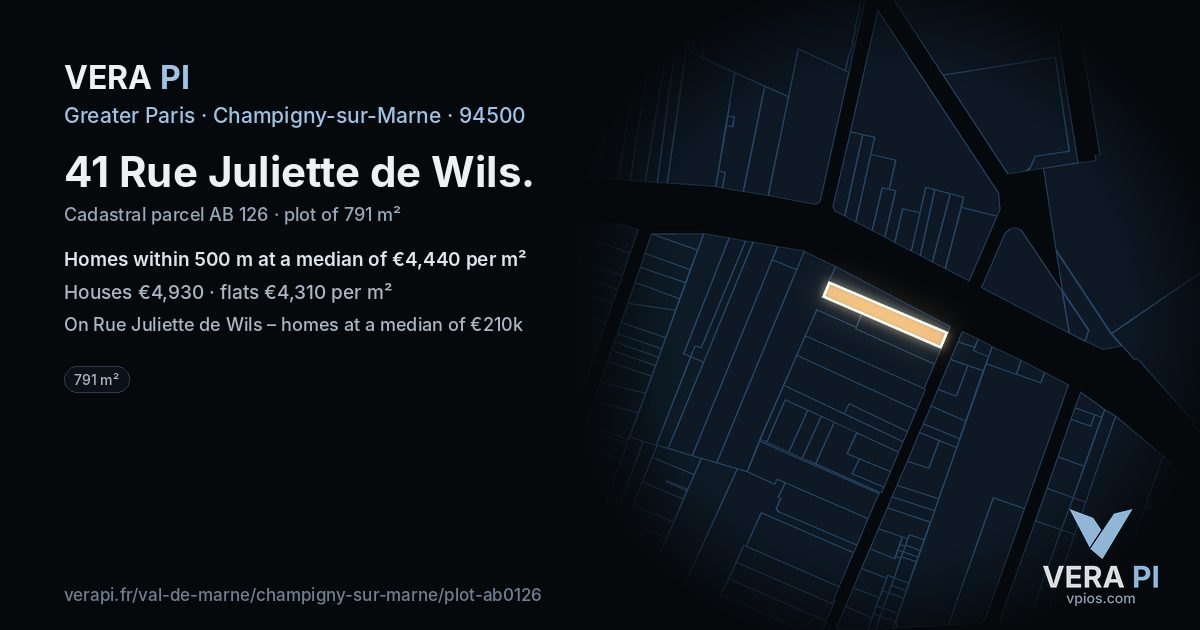 41 Rue Juliette de Wils, Champigny-sur-Marne at night – the plot lit, the parcels around coloured by the prices near them