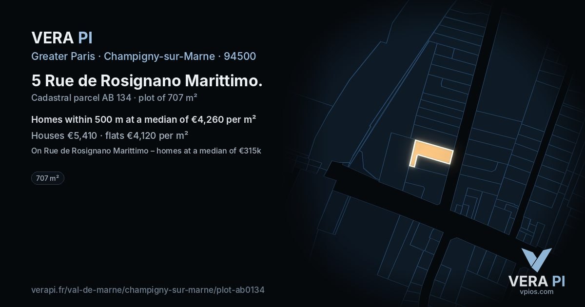 5 Rue de Rosignano Marittimo, Champigny-sur-Marne at night – the plot lit, the parcels around coloured by the prices near them