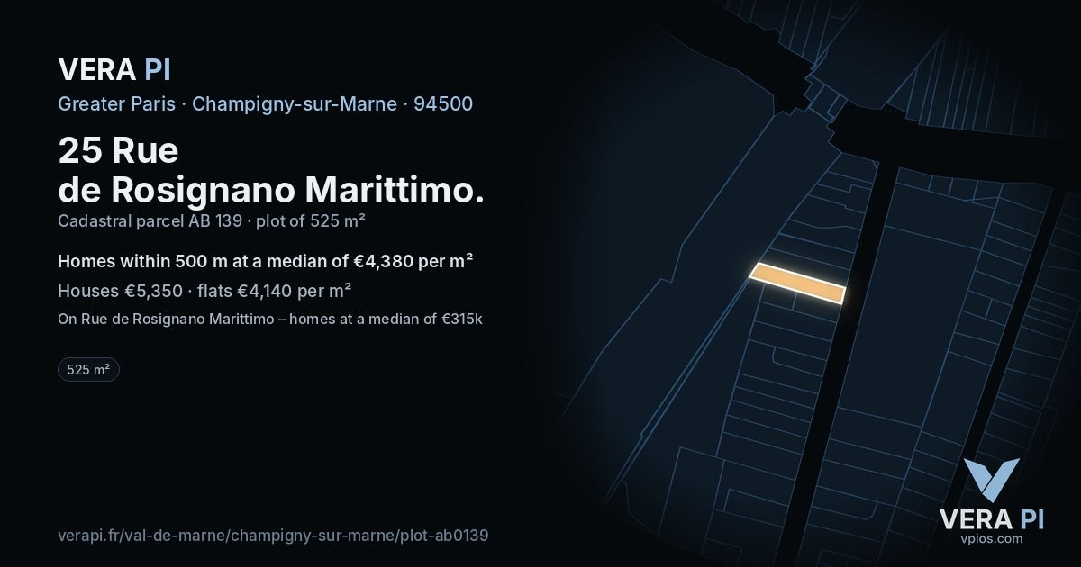 25 Rue de Rosignano Marittimo, Champigny-sur-Marne at night – the plot lit, the parcels around coloured by the prices near them