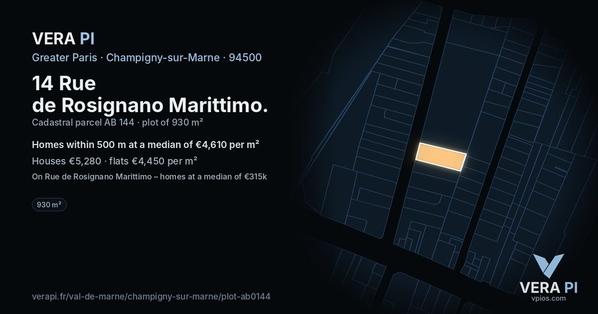 14 Rue de Rosignano Marittimo, Champigny-sur-Marne at night – the plot lit, the parcels around coloured by the prices near them