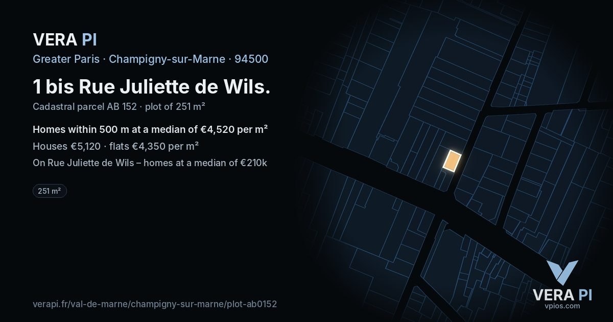 1 bis Rue Juliette de Wils, Champigny-sur-Marne at night – the plot lit, the parcels around coloured by the prices near them