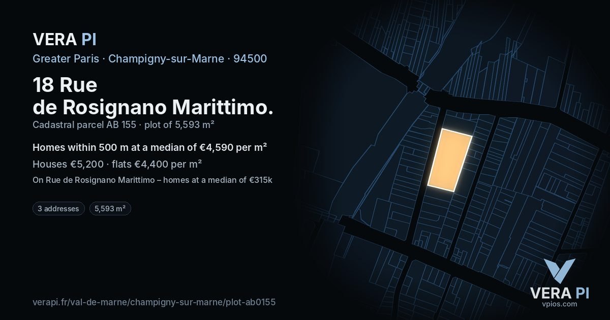 18 Rue de Rosignano Marittimo, Champigny-sur-Marne at night – the plot lit, the parcels around coloured by the prices near them