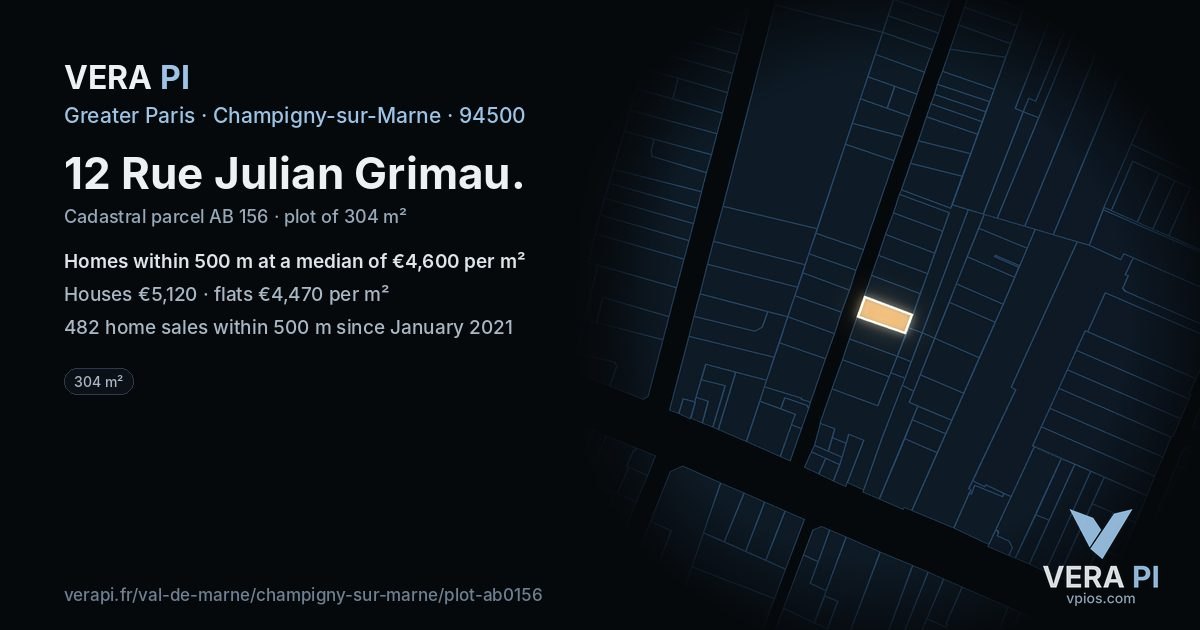 12 Rue Julian Grimau, Champigny-sur-Marne at night – the plot lit, the parcels around coloured by the prices near them