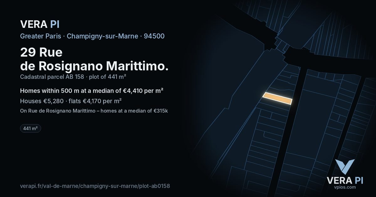 29 Rue de Rosignano Marittimo, Champigny-sur-Marne at night – the plot lit, the parcels around coloured by the prices near them